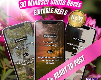 Könnte beinhalten: Drei Smartphones zeigen Texte über Denkweisen, mit Sätzen wie „Andere sind besser als ich“ und „Ich habe Angst vor Ablehnung“. Das Bild enthält den Text „30 Mindset Shifts Reels“ und „100% READY TO POST“ vor einem floralen Hintergrund.