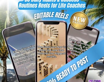Könnte beinhalten: Bild mit drei Smartphones, die motivierende Zitate und ein 'New Product'-Abzeichen zeigen. Der Text enthält '30 Daily Habits & Success Routines Reels for Life Coaches' und 'Editable Reels'. Ein Banner lautet '100% Ready to Post'.