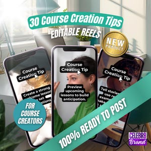 Puede incluir: Imagen que promociona consejos para la creación de cursos. Tres teléfonos inteligentes muestran consejos, incluyendo "Crea un conjunto de lecciones de bienvenida sólido" y "Previsualiza las próximas lecciones". El texto dice "30 consejos para la creación de cursos" y "100% listo para publicar".