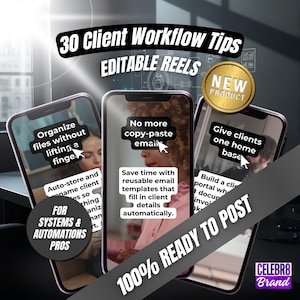 May include: Image promoting client workflow tips. Three smartphones display tips like organizing files, avoiding copy-paste emails, and providing a client home base. Text includes "30 Client Workflow Tips," "Editable Reels," and "100% Ready to Post."