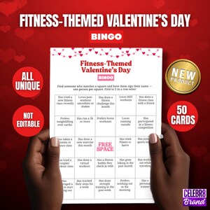 May include: A fitness-themed Valentine's Day Bingo card with a red and white design. The card features various fitness-related prompts and the text "Fitness-Themed Valentine's Day Bingo". Includes a "New Product" sticker and a "50 Cards" label.
