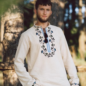 Men’s Traditional Vyshyvanka Shirt – Embroidered Ukrainian Shirt, Cultural Linen Attire, Satin Stitch Design, Authentic Ethnic Clothing