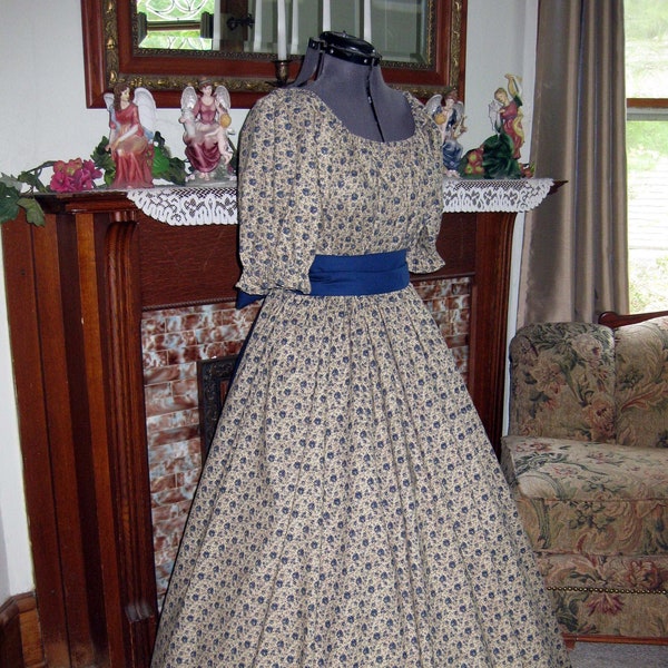 Civil War Western Trek Pioneer Victorian Era Dress 1800's Design Floral Print Cotton; All Three Pieces Included