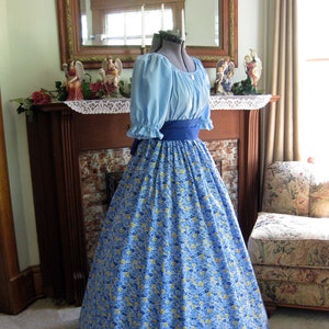 Civil War Western Trek Pioneer Victorian Era Dress - Pretty Floral Print Skirt, Blue Sash, and Light Blue Blouse: All Three Pieces Included