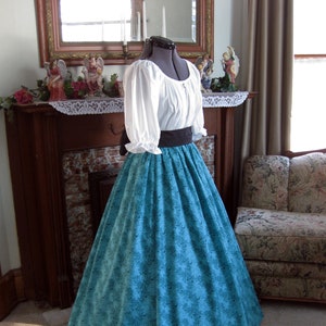 Civil War Western Trek Pioneer Victorian Era Dress - Vibrant Teal Packed Petals; All Three Pieces Included