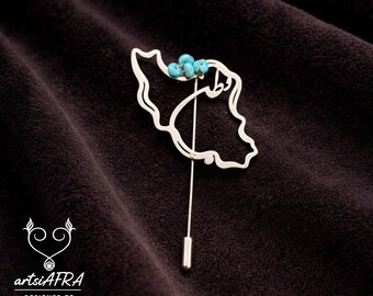 Silver Map Outline Brooch with Turquoise Stones – Caspian Sea Inspired Jewelry