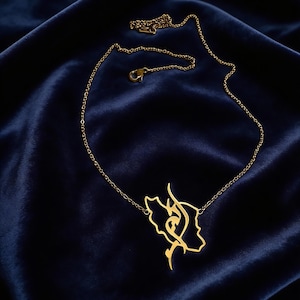 May include: A gold-coloured necklace with a pendant depicting a country outline and stylised script. The necklace is presented on a dark blue, textured fabric.