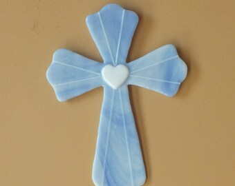 Fused Glass Blue Cross with Heart