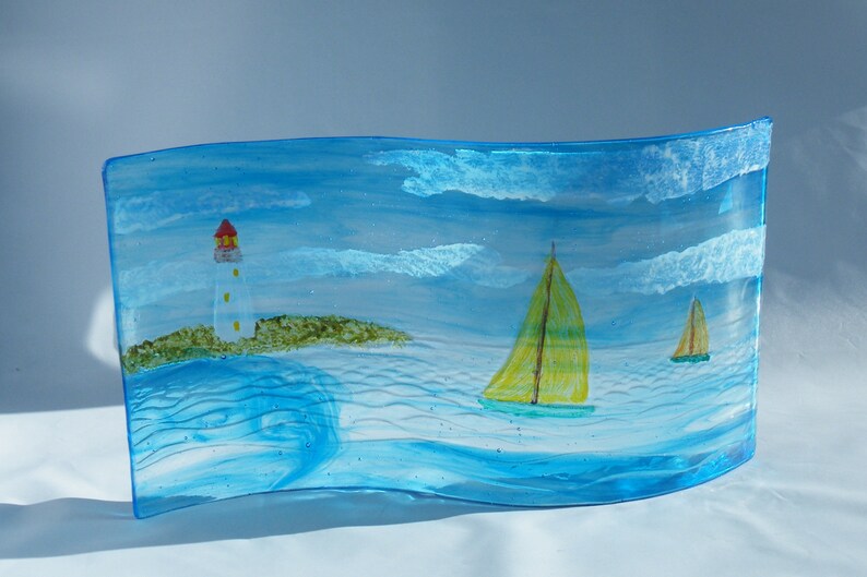 Fused Glass Lighthouse with Sailboats