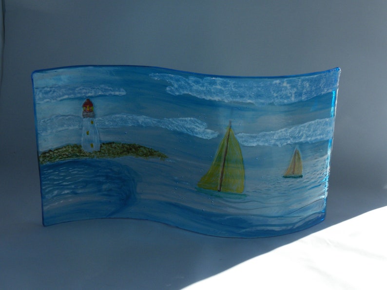 Fused Glass Lighthouse with Sailboats