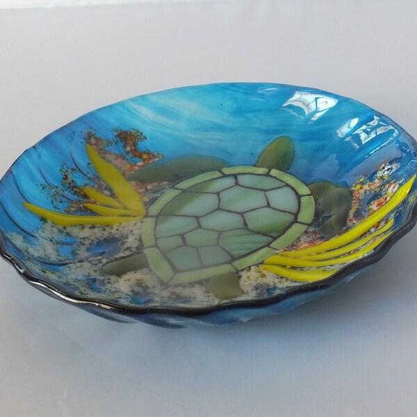 Sea Turtle Swimming from Coral Reef Fused Glass Bowl