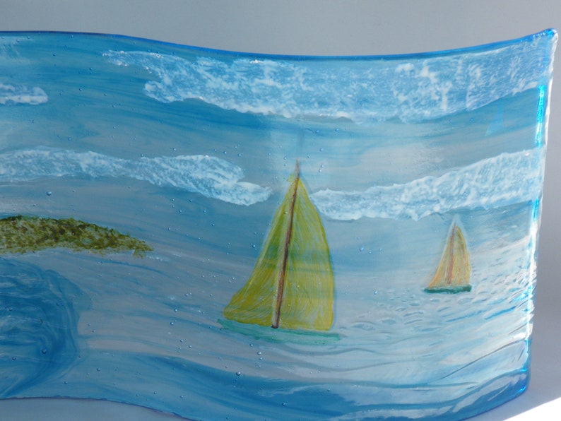 Fused Glass Lighthouse with Sailboats