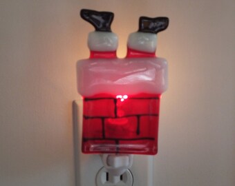 Fused Glass Santa Falling Down the Chimney Night Light with rotating plug