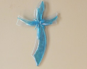 Fused Glass Luminescent Blue and Clear Layered Cross