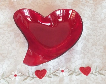 Fused Glass Transparent Red Heart Shaped Candy Dish, Trinket Dish, Candle Holder