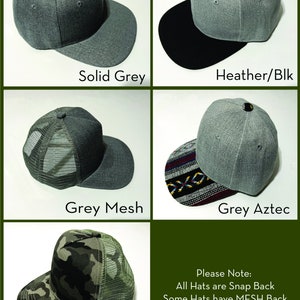 May include: Five different styles of baseball caps. The caps are all gray with different colored brims and back panels. The styles include solid gray, heather gray with a black brim, gray mesh, gray with an Aztec patterned brim, and camo with a mesh back.