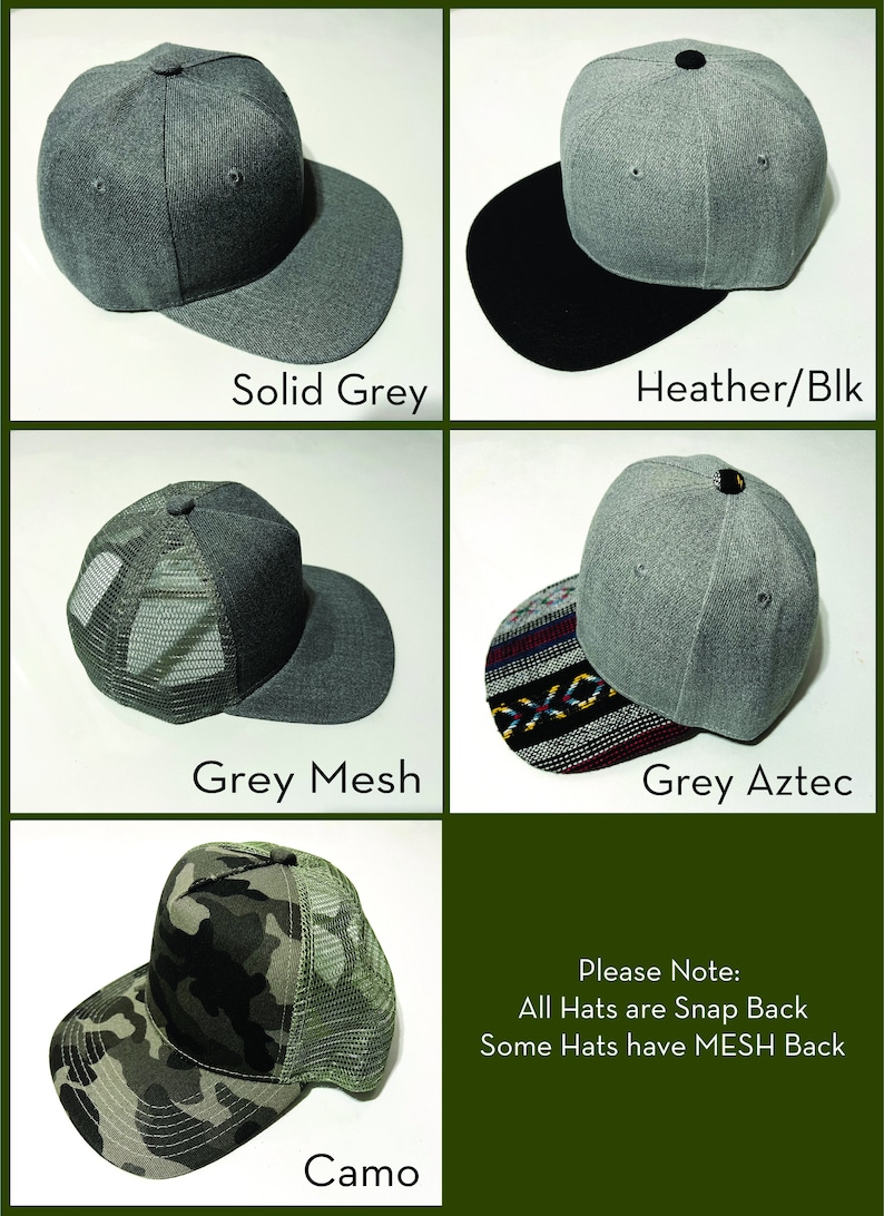 May include: Five different styles of baseball caps. The caps are all gray with different colored brims and back panels. The styles include solid gray, heather gray with a black brim, gray mesh, gray with an Aztec patterned brim, and camo with a mesh back.