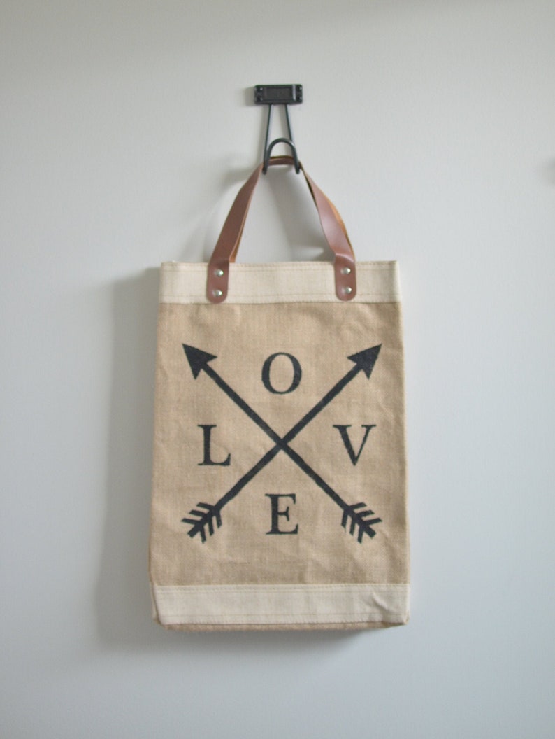 LOVE Jute Tote Bag with Faux Leather Handles