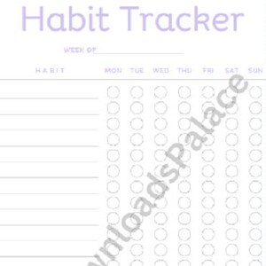 Op de afbeelding: Een printbare gewoontetracker met een lege ruimte voor de week van, een kolom voor de gewoonte en kolommen voor elke dag van de week. De dagen van de week zijn afgekort als MA, DI, WO, DO, VR, ZA en ZO. Er zijn 25 rijen cirkels voor elke dag van de week.