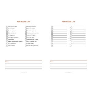 May include: A white, fall-themed bucket list with the title "Fall Bucket List" in orange. The list includes activities like visiting a pumpkin patch, making caramel apples, and hosting a bonfire. There are blank lines for notes.
