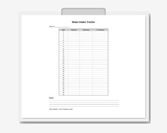 Water Intake Tracker Printable | Daily Hydration Log PDF | Full Page with Notes | Instant Download