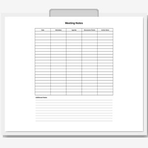 May include: A white sheet of paper with a meeting notes template. The template includes sections for date, attendees, agenda, discussion points, and action items. Additional notes section is at the bottom. The paper is held by a gray clip.