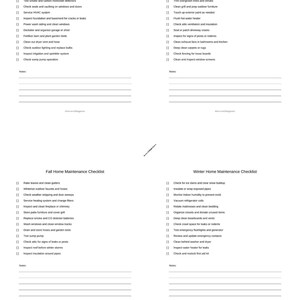 Op de afbeelding: Een wit papier met vier seizoensgebonden checklists voor huisonderhoud. Elke checklist bevat taken zoals het schoonmaken van dakgoten, het inspecteren van daken en het controleren op lekkages. De checklists heten Lente, Zomer, Herfst en Winter.