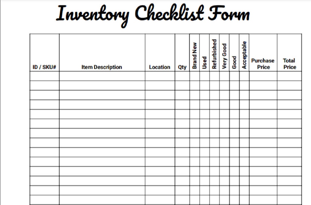 Inventory Checklist Form Home Inventory, Office Inventory, Restaurant Inventory, Farm Inventory