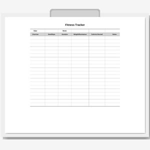 Puede incluir: Una hoja blanca de seguimiento de fitness con una pinza gris en la parte superior. El texto "Fitness Tracker" está en la parte superior, con columnas para la fecha, el ejercicio, series/repeticiones, duración, peso/resistencia, calorías quemadas y notas.