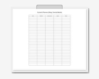 Può includere: Un content planner bianco intitolato "Content Planner (Blog / Social Media)" con colonne per data, piattaforma, argomento del contenuto, stato e note. Il planner è tenuto da una clip grigia.