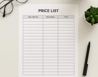 Price List Template | Printable Product Price Sheet | Small Business Form | Instant Download PDF