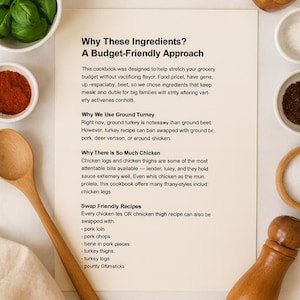 May include: A cookbook page titled "Why These Ingredients? A Budget-Friendly Approach" with text about recipes. The image includes a wooden spoon, spices, and fresh basil.