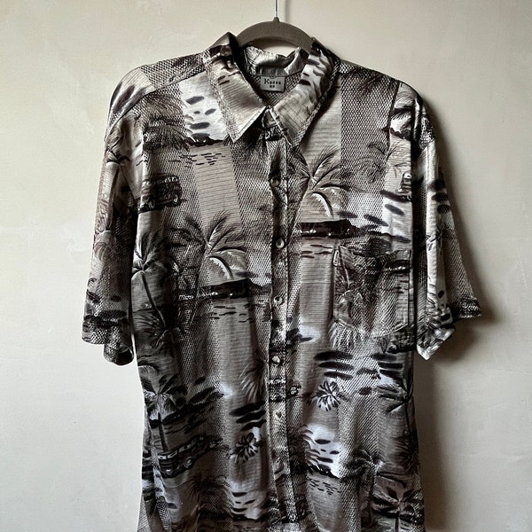 Vintage Hemd Bluse crazypattern Hawaii Palmen silber Netz