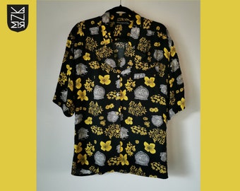 Vintage blouse with geometric floral pattern, flowers, ships, 80s, 90s, black yellow grey