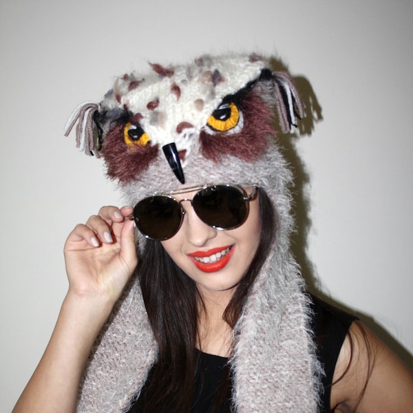 Fuzzy Owl Hat Crochet Hat with ear flaps Ear flap hat Wool hat ear flaps woodland animal hat Adult owl beanies Toddler owl beanies Knit hat