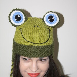 Green Frog Winter Hat – Handmade Kids & Adult Hat, Blue Eyes, Pom-Poms