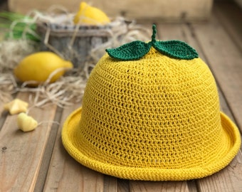 Lemon Crochet Sun Hat – Handmade Fruit Hat for Baby to Adult – Summer Photo Prop – Unisex Yellow Beach Hat