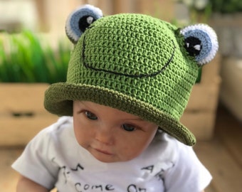 Green Frog Bucket Hat – Handmade Kids Hat with Big Eyes, Cute Summer Cap