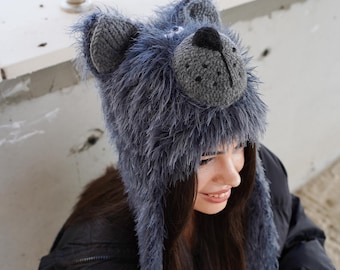 Wolf Hat – Animal Hat – Wolf Beanie – Knit Winter Hat with Ears – Handmade Gift
