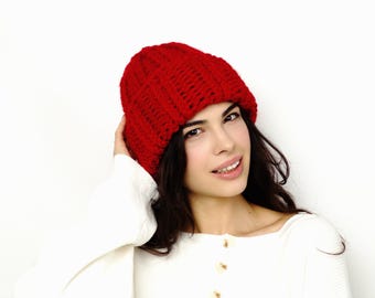 Red Beanie Chunky Knit Pom Pom Hat Handmade Winter Hat Warm  display picture 1