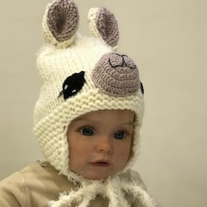 White Llama Baby Hat, Unisex Knit Hat with Ears, Handmade Wool Beanie, Soft Baby Costume Cap, Warm Toddler Hat, Gender Neutral Clothing