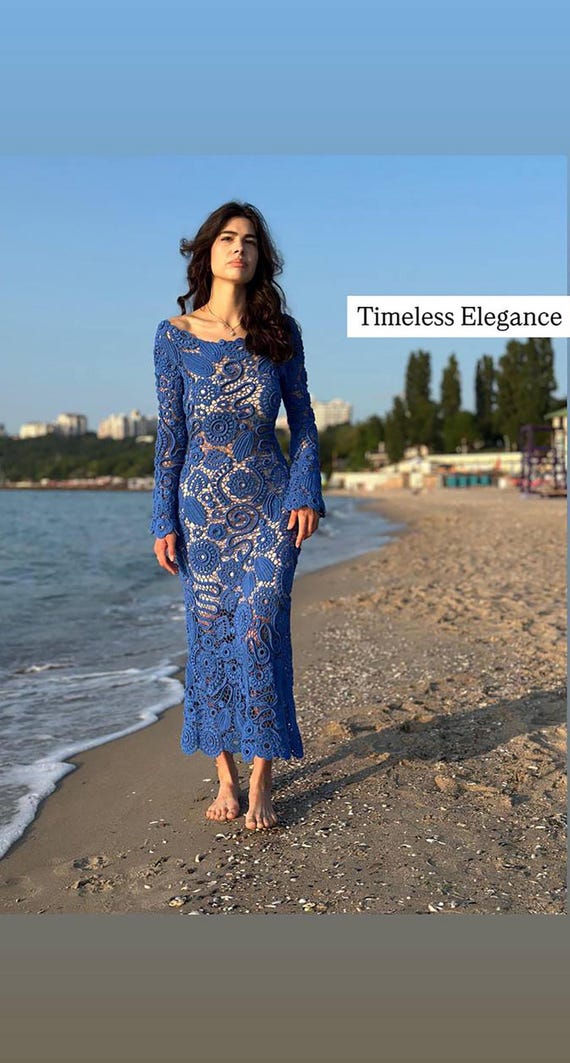 Boho Blue Crochet Wedding Dress Handmade Irish Lace Bridal Gown