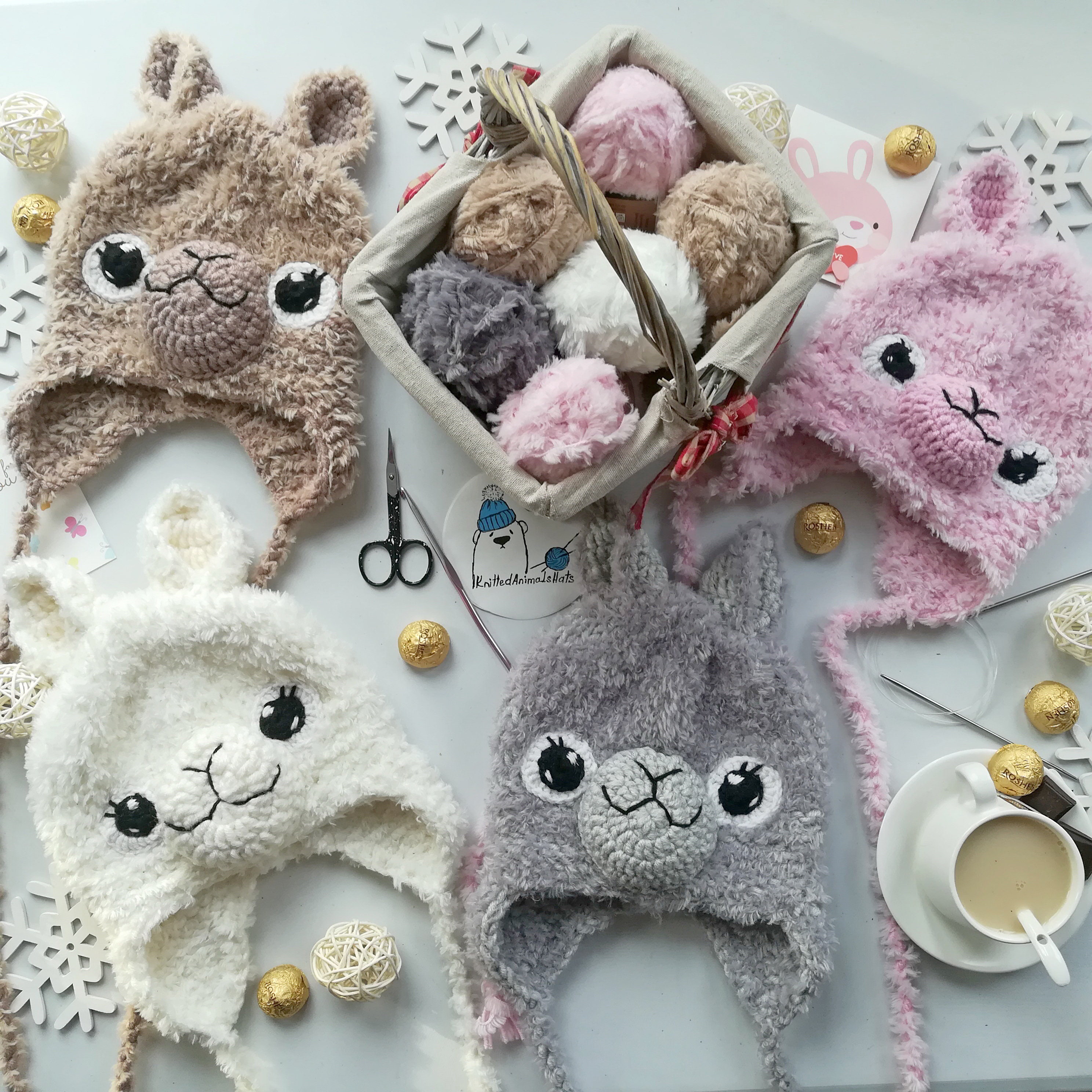 Llama Hat Photo Prop for Baby to Adult, Handmade Knit Hat with Ears, Fluffy Animal Beanie, Soft Matching Hat Set, Wool Costume Hat