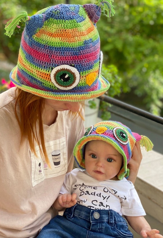Mom and Daughter Gift Rainbow Owl Crochet Bucket Hat Woodland