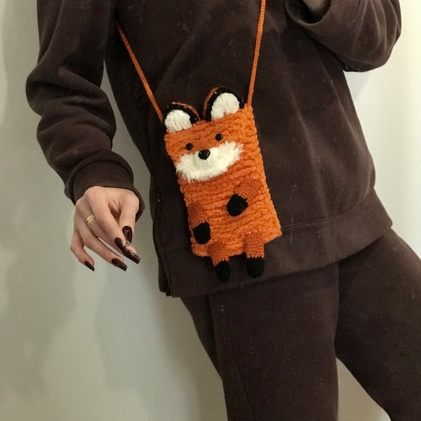 Small Crossbody Crochet Fox Bag Phone Case Shoulder Bag Mini Handmade Bag Cotton Bag Fox Lover Unique Gift Orange Fox Face Clutch Cool Bag