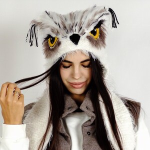 Owl Costume Hat – Beige & White Fluffy Owl Headpiece for  display picture 1