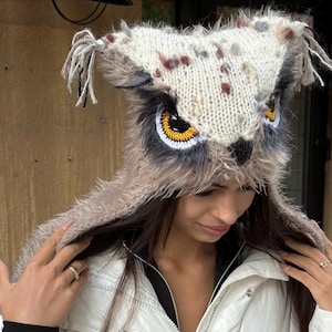 Owl Winter Hat – Beige and White Handmade Beanie with Ears for Kids and Adults