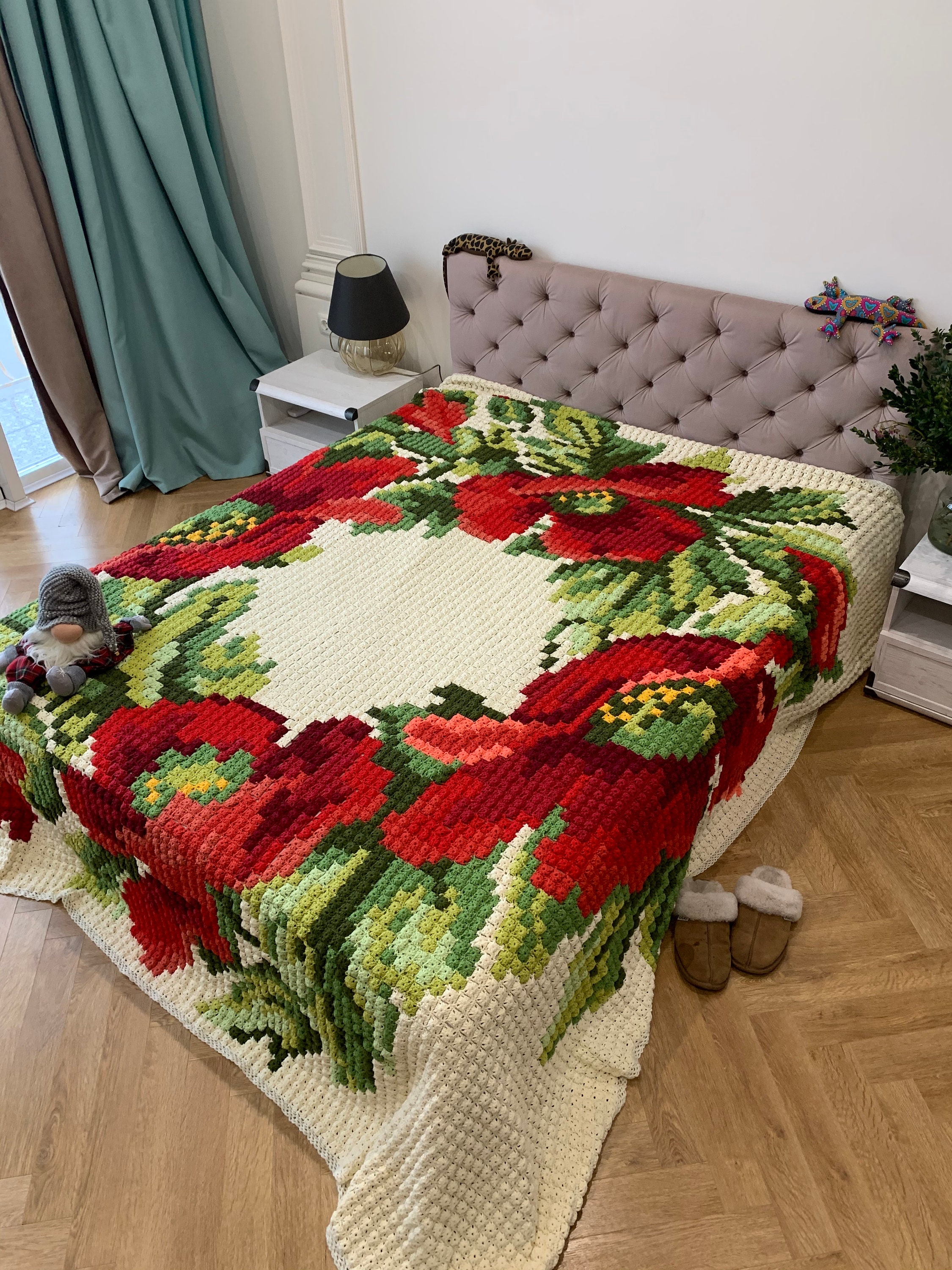 King size bed throw blanket handmade blanket with poppy desing Etsy