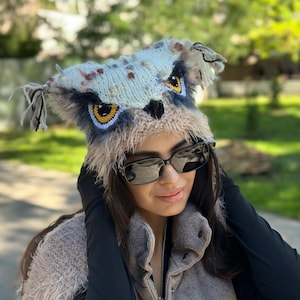 Owl Costume Hat – Beige & White Fluffy Owl Headpiece for Kids and Adults, Handmade Animal Hat