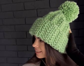 HandKnit Chunky Cilantro Wool Blend Ribbed Knit Beanie Hand Knit Beanie, Chunky Knit Hat, Womens Hat, Mens Hat  main image 2